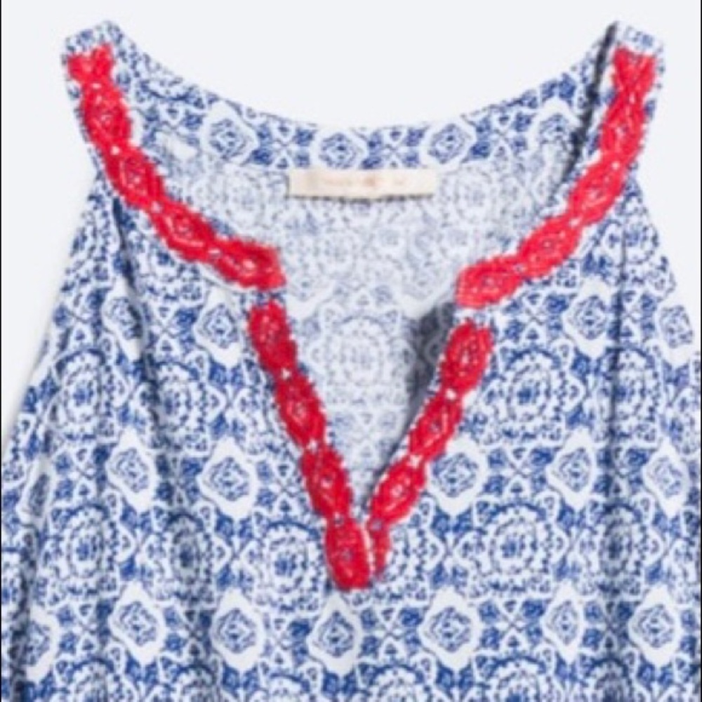 Bohemian Style Scalloped Red Hem Embroidered Top